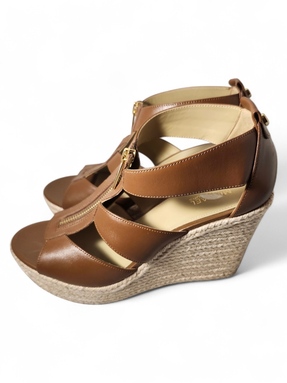 Michael Kors Tan Leather Espadrille Wedge Sandals with Front Zip Size 5